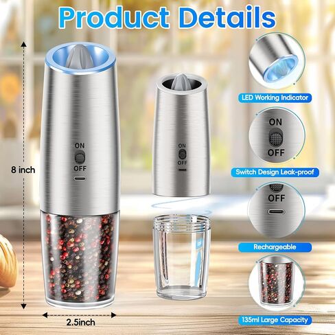 Rechargeable Gravity Electric Salt and Pepper Grinder Set with LED Light, Type-C Fast Charging, Adjustable Coarseness, Large Capacity Grinder for Kitchen, Restaurant & Outdoor, (2 Pack) in Saudi Arabia