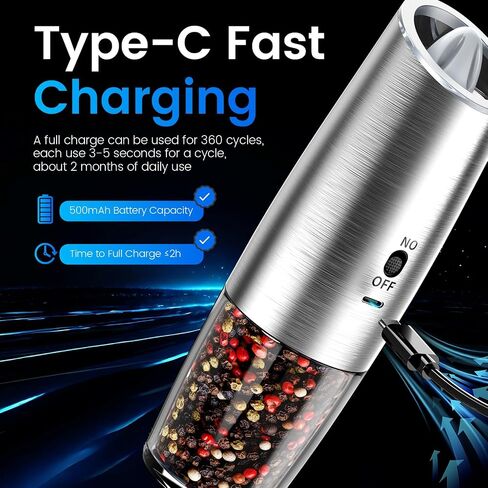 Rechargeable Gravity Electric Salt and Pepper Grinder Set with LED Light, Type-C Fast Charging, Adjustable Coarseness, Large Capacity Grinder for Kitchen, Restaurant & Outdoor, (2 Pack) in Saudi Arabia