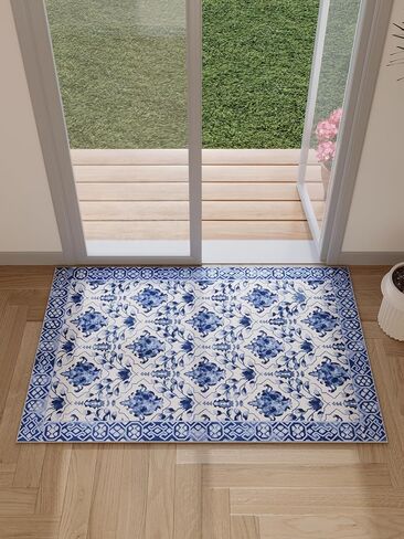 Oriental Accent Vintage Blue Porcelain 2x3 Area Rug - Faux Wool Floral Print Rug, Retro Accent Washable Low Pile Rug, Foldable Non-Slip Non-Shedding Carpet, Decor Gift in Saudi Arabia