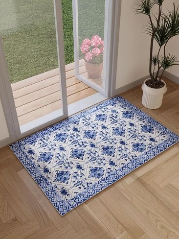 Oriental Accent Vintage Blue Porcelain 2x3 Area Rug - Faux Wool Floral Print Rug, Retro Accent Washable Low Pile Rug, Foldable Non-Slip Non-Shedding Carpet, Decor Gift in Saudi Arabia