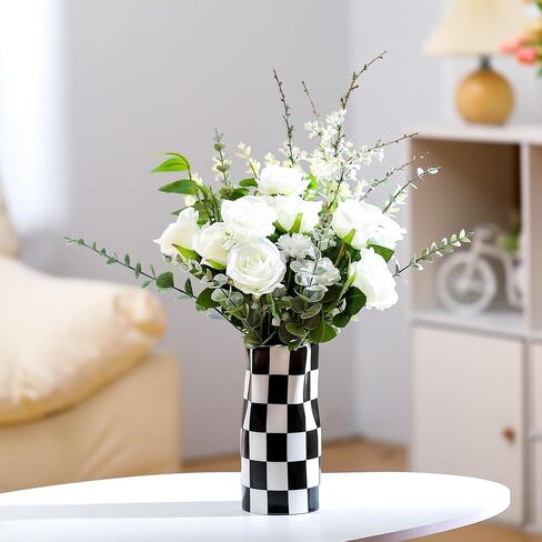Black and White Checkered Vase Large 11.25 Inch Height Modern Checkered Decor Ceramic Black and White Flower Shaped Decorative Vase for Office, Bedroom, Home Decor in Saudi Arabia