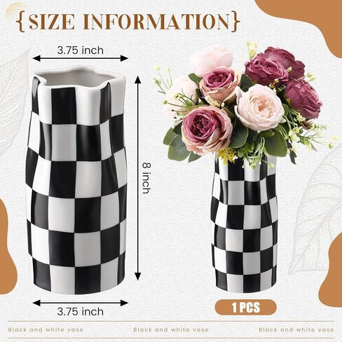 Black and White Checkered Vase Large 11.25 Inch Height Modern Checkered Decor Ceramic Black and White Flower Shaped Decorative Vase for Office, Bedroom, Home Decor in Saudi Arabia
