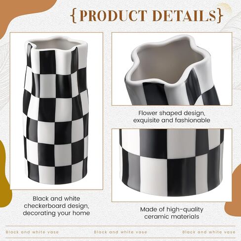 Black and White Checkered Vase Large 11.25 Inch Height Modern Checkered Decor Ceramic Black and White Flower Shaped Decorative Vase for Office, Bedroom, Home Decor in Saudi Arabia