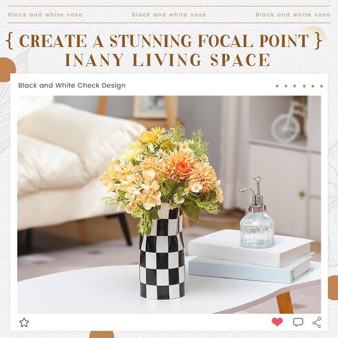 Black and White Checkered Vase Large 11.25 Inch Height Modern Checkered Decor Ceramic Black and White Flower Shaped Decorative Vase for Office, Bedroom, Home Decor in Saudi Arabia