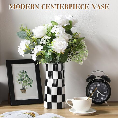 Black and White Checkered Vase Large 11.25 Inch Height Modern Checkered Decor Ceramic Black and White Flower Shaped Decorative Vase for Office, Bedroom, Home Decor in Saudi Arabia
