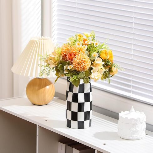 Black and White Checkered Vase Large 11.25 Inch Height Modern Checkered Decor Ceramic Black and White Flower Shaped Decorative Vase for Office, Bedroom, Home Decor in Saudi Arabia