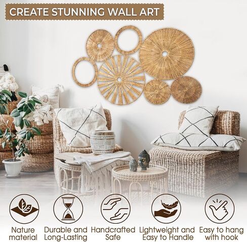 Xavia Handicrafts Set of 7 Boho Wicker Rattan Plate Basket للديكور المعلق على الحائط | معلقة كبيرة منسوجة على شكل مزرعة ريفية بوهيمية فنية لتزيين المنزل وغرفة النوم وغرفة المعيشة والمطبخ والحمام in Saudi Arabia