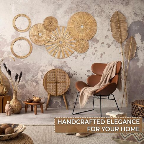 Xavia Handicrafts Set of 7 Boho Wicker Rattan Plate Basket للديكور المعلق على الحائط | معلقة كبيرة منسوجة على شكل مزرعة ريفية بوهيمية فنية لتزيين المنزل وغرفة النوم وغرفة المعيشة والمطبخ والحمام in Saudi Arabia
