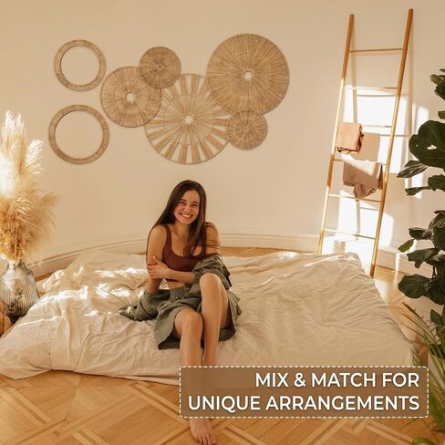 Xavia Handicrafts Set of 7 Boho Wicker Rattan Plate Basket للديكور المعلق على الحائط | معلقة كبيرة منسوجة على شكل مزرعة ريفية بوهيمية فنية لتزيين المنزل وغرفة النوم وغرفة المعيشة والمطبخ والحمام in Saudi Arabia
