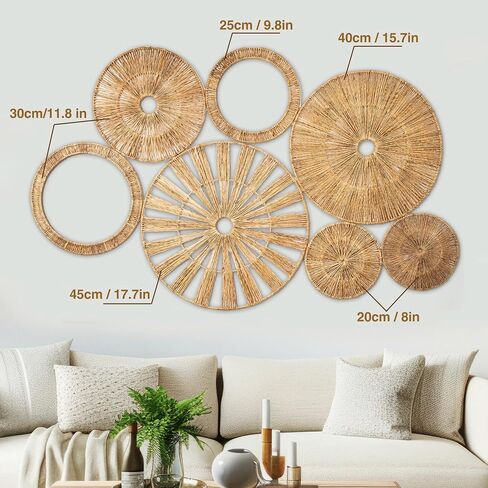 Xavia Handicrafts Set of 7 Boho Wicker Rattan Plate Basket للديكور المعلق على الحائط | معلقة كبيرة منسوجة على شكل مزرعة ريفية بوهيمية فنية لتزيين المنزل وغرفة النوم وغرفة المعيشة والمطبخ والحمام in Saudi Arabia