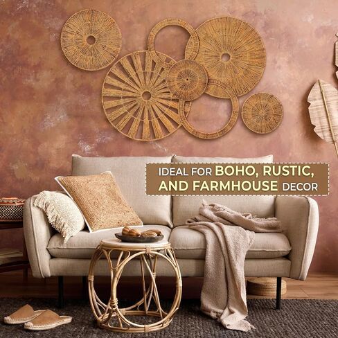 Xavia Handicrafts Set of 7 Boho Wicker Rattan Plate Basket للديكور المعلق على الحائط | معلقة كبيرة منسوجة على شكل مزرعة ريفية بوهيمية فنية لتزيين المنزل وغرفة النوم وغرفة المعيشة والمطبخ والحمام in Saudi Arabia