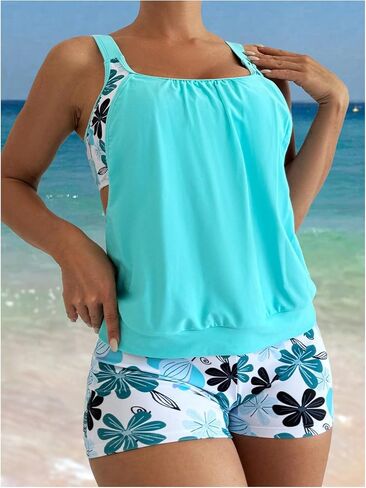 SOLY HUX Women's 2 Piece Tropical Print Cut Out Tankini Swimsuit Scoop Neck Tank Top with Boyshorts Swimwear in Saudi Arabia