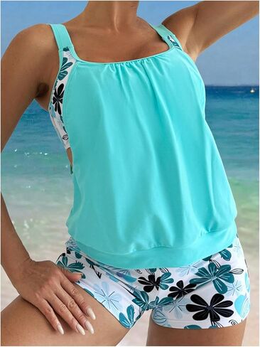 SOLY HUX Women's 2 Piece Tropical Print Cut Out Tankini Swimsuit Scoop Neck Tank Top with Boyshorts Swimwear in Saudi Arabia