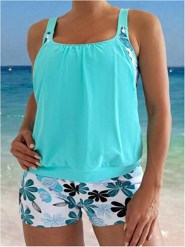 SOLY HUX Women's 2 Piece Tropical Print Cut Out Tankini Swimsuit Scoop Neck Tank Top with Boyshorts Swimwear in Saudi Arabia