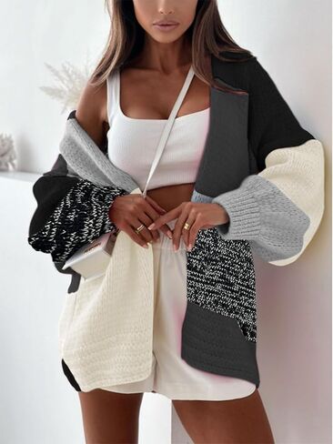 Womens Open Front Color Block Knit Cardigan Crew Neck Long Sleeve Casual Fashion Cardigans in Saudi Arabia