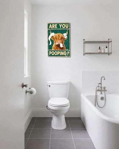 لوحة فنية جدارية على شكل بقرة المرتفعات العتيقة - ملصق ديكور مضحك للحمام، "Are You Pooping" لافتة حائط معدنية مقاس 8 × 12 بوصة لمحبي البقرة الغربية والمرتفعات in Kuwait