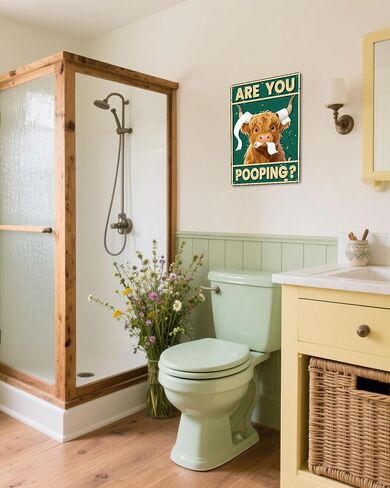 لوحة فنية جدارية على شكل بقرة المرتفعات العتيقة - ملصق ديكور مضحك للحمام، "Are You Pooping" لافتة حائط معدنية مقاس 8 × 12 بوصة لمحبي البقرة الغربية والمرتفعات in Kuwait