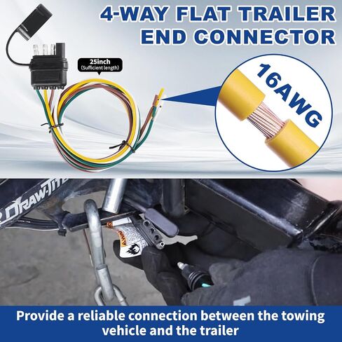 25 Inch 4-Way Flat Trailer Connector 16AWG, Water Dust Proof 4 Prong Wiring Harness with Zinc Terminals - 4 Pin Male End for Trailer Boat RV - Sealed Cover Included in Saudi Arabia