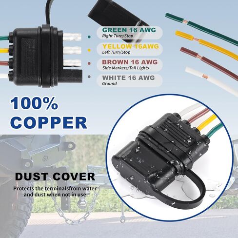 25 Inch 4-Way Flat Trailer Connector 16AWG, Water Dust Proof 4 Prong Wiring Harness with Zinc Terminals - 4 Pin Male End for Trailer Boat RV - Sealed Cover Included in Saudi Arabia