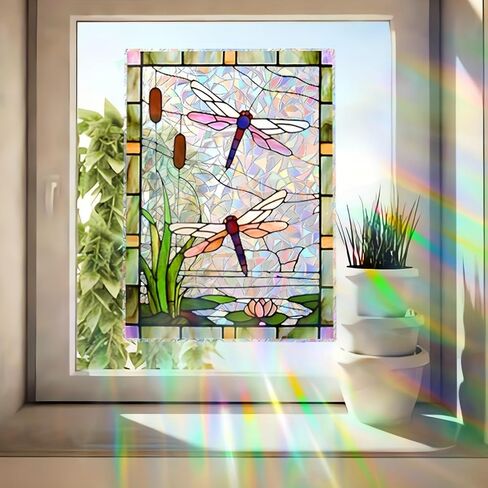 Dragonfly Stained Window Stickers - Vibrant Sunlight Catcher with Water Lily & Pond Scene for Bathroom/Bedroom (Purple-Orange Dragonflies)​ in Saudi Arabia