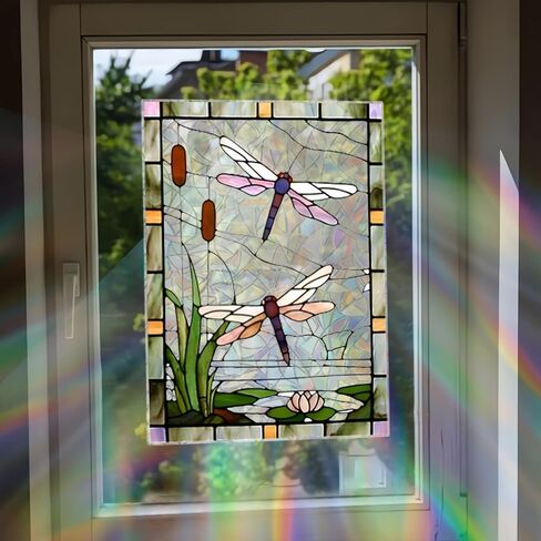Dragonfly Stained Window Stickers - Vibrant Sunlight Catcher with Water Lily & Pond Scene for Bathroom/Bedroom (Purple-Orange Dragonflies)​ in Saudi Arabia