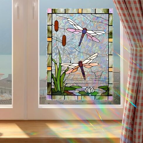 Dragonfly Stained Window Stickers - Vibrant Sunlight Catcher with Water Lily & Pond Scene for Bathroom/Bedroom (Purple-Orange Dragonflies)​ in Saudi Arabia