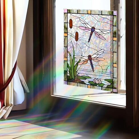 Dragonfly Stained Window Stickers - Vibrant Sunlight Catcher with Water Lily & Pond Scene for Bathroom/Bedroom (Purple-Orange Dragonflies)​ in Saudi Arabia