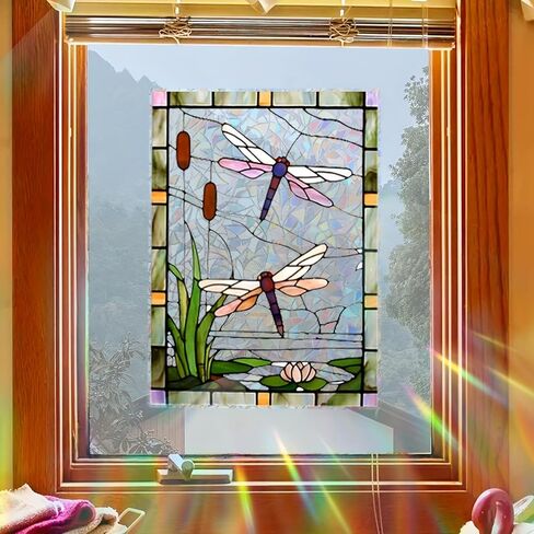 Dragonfly Stained Window Stickers - Vibrant Sunlight Catcher with Water Lily & Pond Scene for Bathroom/Bedroom (Purple-Orange Dragonflies)​ in Saudi Arabia