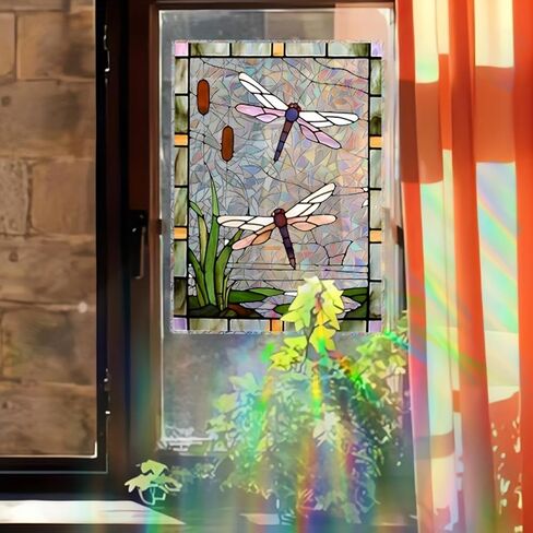 Dragonfly Stained Window Stickers - Vibrant Sunlight Catcher with Water Lily & Pond Scene for Bathroom/Bedroom (Purple-Orange Dragonflies)​ in Saudi Arabia