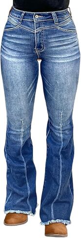 Flamingals High Waisted Bootcut Jeans for Women Frayed Hem Wash Stitch Detail Stretchy Butt Lifting Jeans in Saudi Arabia