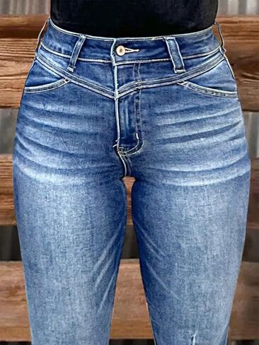Flamingals High Waisted Bootcut Jeans for Women Frayed Hem Wash Stitch Detail Stretchy Butt Lifting Jeans in Saudi Arabia