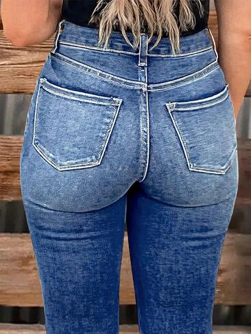 Flamingals High Waisted Bootcut Jeans for Women Frayed Hem Wash Stitch Detail Stretchy Butt Lifting Jeans in Saudi Arabia