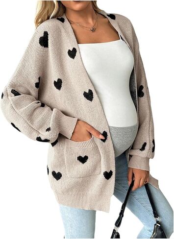 MakeMeChic Women's Maternity Cardigan Heart Print Long Sleeve Open Front Pregnancy Sweater in Saudi Arabia