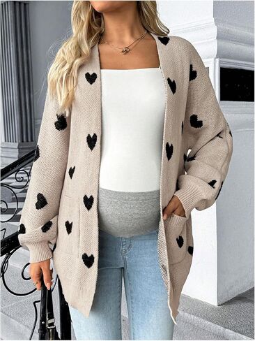 MakeMeChic Women's Maternity Cardigan Heart Print Long Sleeve Open Front Pregnancy Sweater in Saudi Arabia