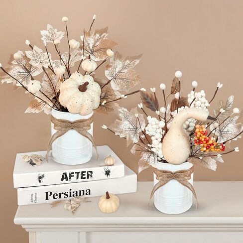2 Pack 12" Fall Decor Fall Centerpieces for Tables Potted White Maple Arrangement in Metal Pots Neutral Rustic Artificial White Pumpkin Berried Autumn Thanksgiving Decorations for Home Kitchen Office in Saudi Arabia