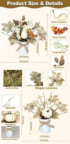 2 Pack 12" Fall Decor Fall Centerpieces for Tables Potted White Maple Arrangement in Metal Pots Neutral Rustic Artificial White Pumpkin Berried Autumn Thanksgiving Decorations for Home Kitchen Office in Saudi Arabia