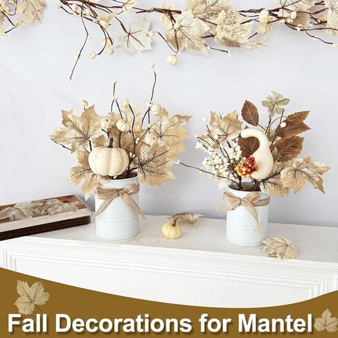 2 Pack 12" Fall Decor Fall Centerpieces for Tables Potted White Maple Arrangement in Metal Pots Neutral Rustic Artificial White Pumpkin Berried Autumn Thanksgiving Decorations for Home Kitchen Office in Saudi Arabia