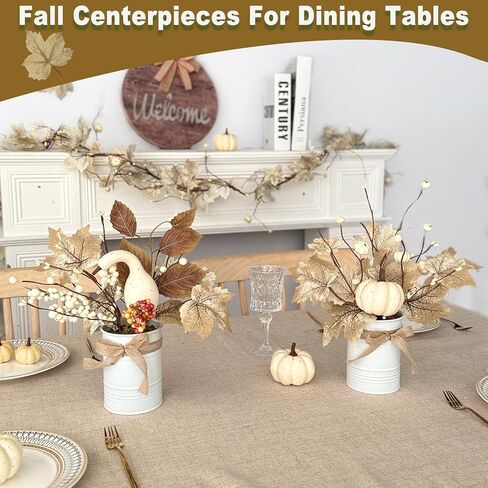 2 Pack 12" Fall Decor Fall Centerpieces for Tables Potted White Maple Arrangement in Metal Pots Neutral Rustic Artificial White Pumpkin Berried Autumn Thanksgiving Decorations for Home Kitchen Office in Saudi Arabia