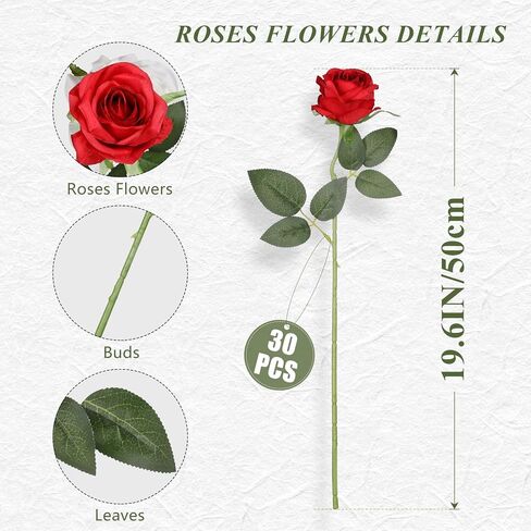 JUSTOYOU 30 قطعة من الزهور الحريرية الاصطناعية بكميات كبيرة، ورود وهمية بيضاء واقعية لديكورات الزفاف، ديكور المنزل، القطع المركزية، ترتيبات الزهور الداخلية in Kuwait