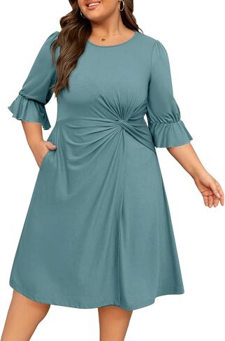 Women's Plus Size Dresses Casual 3/4 Ruffle Sleeve Crew Neck Twist Knot Wrap Slit Hem Dress with 1 Pocket in Saudi Arabia