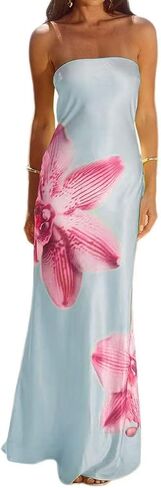 Women Strapless Floral Maxi Dress Sexy Sleeveless Backless Off Shoulder Long Summer Dress 2025 in Saudi Arabia