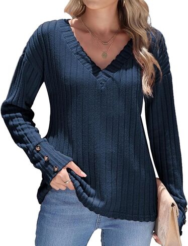 Women's V Neck Knit Sweater Long Sleeve Top with Button Cuffs Soft Casual Pullover Fall Outfits​ in Kuwait
