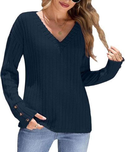 Women's V Neck Knit Sweater Long Sleeve Top with Button Cuffs Soft Casual Pullover Fall Outfits​ in Kuwait