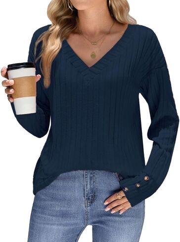Women's V Neck Knit Sweater Long Sleeve Top with Button Cuffs Soft Casual Pullover Fall Outfits​ in Kuwait