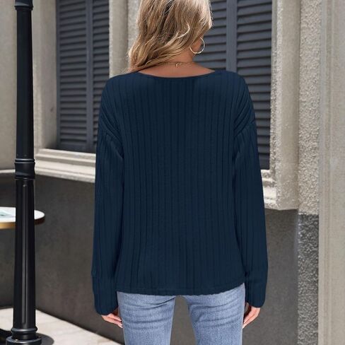 Women's V Neck Knit Sweater Long Sleeve Top with Button Cuffs Soft Casual Pullover Fall Outfits​ in Kuwait