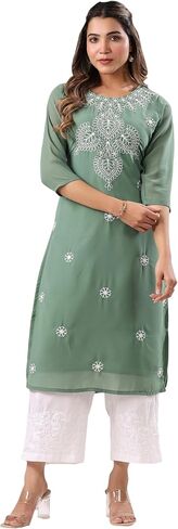 Janasya Indian Women's Georgette White Embroidered Casual Wear Kurta for Women in Saudi Arabia