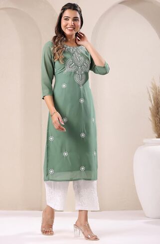 Janasya Indian Women's Georgette White Embroidered Casual Wear Kurta for Women in Saudi Arabia