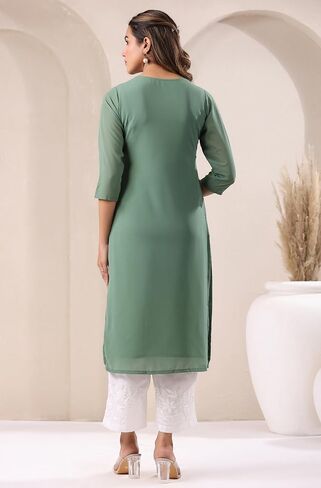 Janasya Indian Women's Georgette White Embroidered Casual Wear Kurta for Women in Saudi Arabia