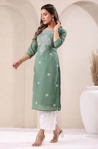 Janasya Indian Women's Georgette White Embroidered Casual Wear Kurta for Women in Saudi Arabia