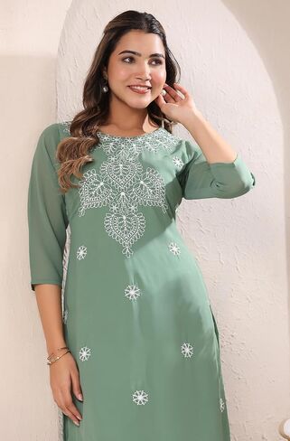 Janasya Indian Women's Georgette White Embroidered Casual Wear Kurta for Women in Saudi Arabia